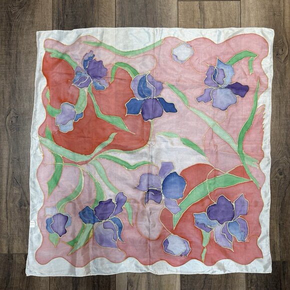 Vintage Silk Handpainted Scarf Watercolor Hand rolled Pastel - Picture 5 of 11